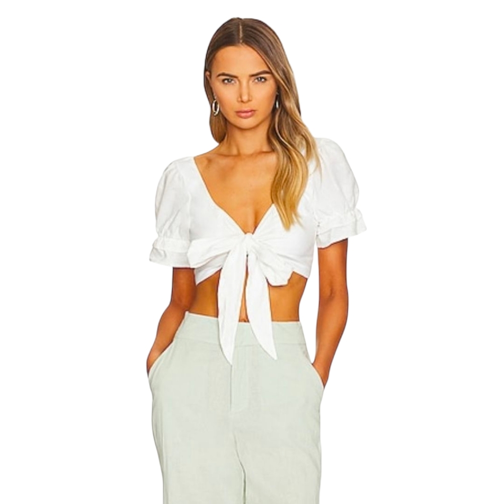 Show Me Your MuMu Fiona Linen White Puff Sleeve Crop Blouse Size Large